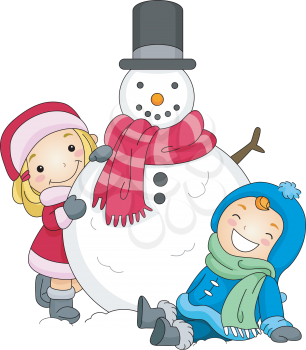 Royalty Free Clipart Image of a Little Boy and Girl With a Snowman