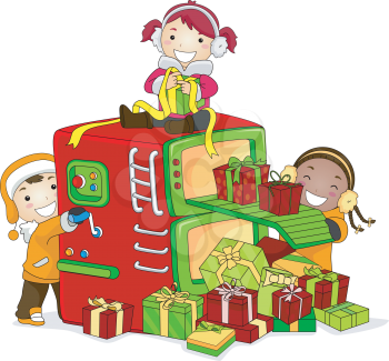Royalty Free Clipart Image of Children Working in a Miniature Gift Factory