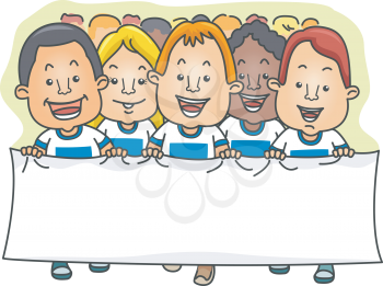 Royalty Free Clipart Image of a Group of People Walking With a Banner