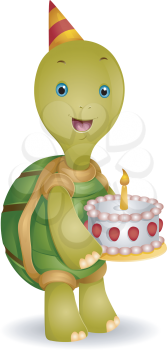 Royalty Free Clipart Image of a Turtle With a Birthday Cake