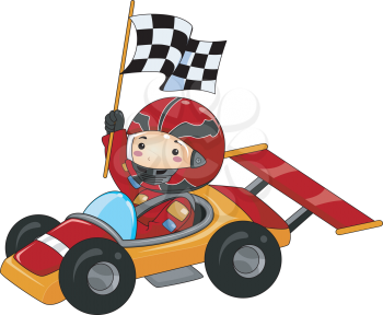 Royalty Free Clipart Image of a Boy in a Go Kart Waving a Checkered Flag