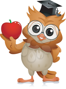 Royalty Free Clipart Image of an Owl Holding an Apple