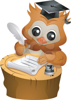 Royalty Free Clipart Image of an Owl Wearing a Mortarboard Writing Something With a Quill