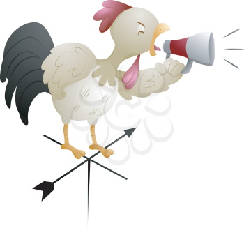 Royalty Free Clipart Image of a Rooster on a Weather Vane With a Megaphone