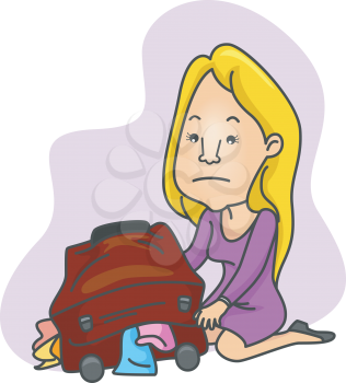 Royalty Free Clipart Image of a Woman With an Overflowing Travel Bag