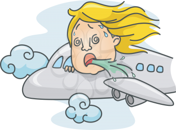 Royalty Free Clipart Image of a Woman Hanging Out of a Plane Getting Sick