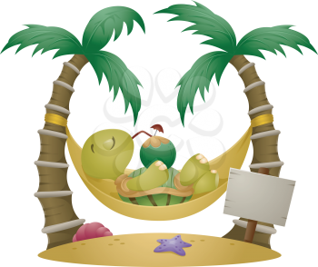 Royalty Free Clipart Image of a Turtle on a Hammock