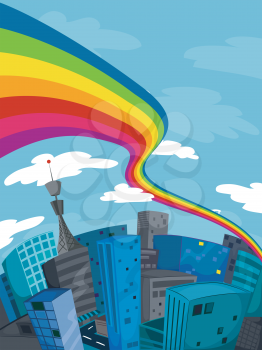 Royalty Free Clipart Image of an Urban Scene With a Rainbow
