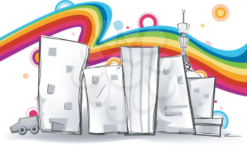 Royalty Free Clipart Image of a Buildings Under a Rainbow