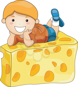 Royalty Free Clipart Image of a Boy on a Big Wedge of Cheese