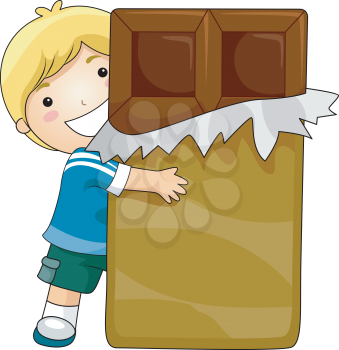 Royalty Free Clipart Image of a Boy With a Big Chocolate Bar