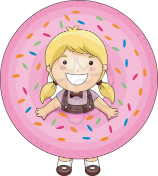 Royalty Free Clipart Image of a Girl With Her Head Through the Centre of a Pink Iced Doughnut