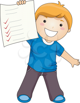 Royalty Free Clipart Image of a Boy Proudly Showing a Paper With Check Marks
