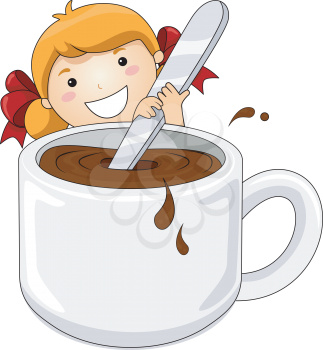 Royalty Free Clipart Image of a Girl Stirring a Cup of Hot Cocoa
