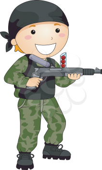 Royalty Free Clipart Image of a Boy in Camouflage With a Paint Gun