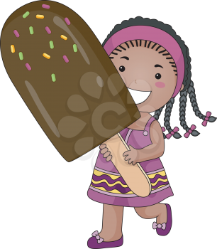 Royalty Free Clipart Image of a Girl With a Big Chocolate Ice Cream Bar