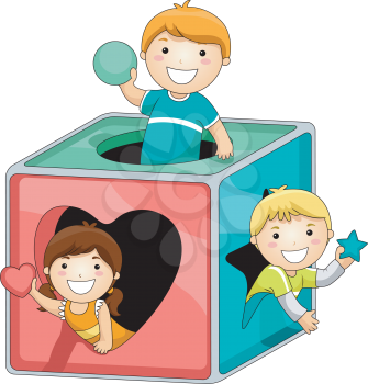 Royalty Free Clipart Image of Children in a Block Holding Shapes