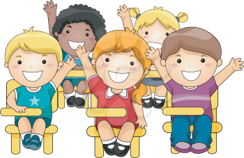 Royalty Free Clipart Image of Students With Raised Hands