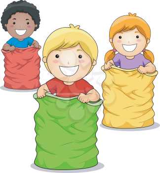 Royalty Free Clipart Image of a Group of Children in a Sack Race