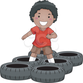 Royalty Free Clipart Image of a Boy Running in Tires