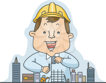 Royalty Free Clipart Image of a Man With Small Buildings