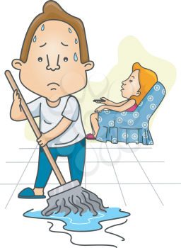 Royalty Free Clipart Image of a Woman Sitting in a Chair and a Man Mopping