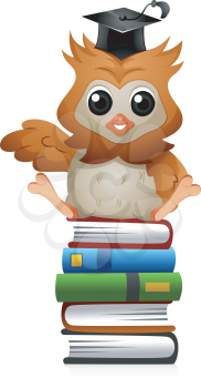 Royalty Free Clipart Image of an Owl on a Pile of Books