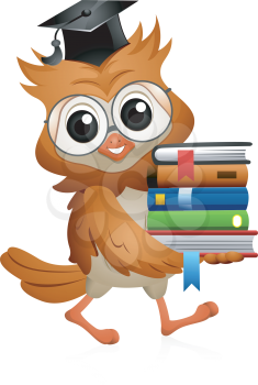 Royalty Free Clipart Image of an Owl Carrying Books