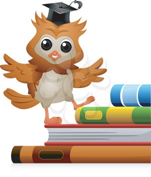Royalty Free Clipart Image of an Owl Walking Up Books