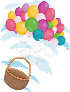 Royalty Free Clipart Image of a Basket Carried Away by Balloons