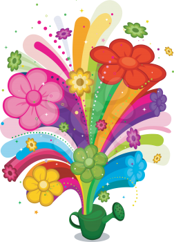 Royalty Free Clipart Image of Flowers and a Rainbow Shooting From a Watering Can