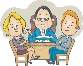Royalty Free Clipart Image of an Angry Couple With a Man Behind a Desk