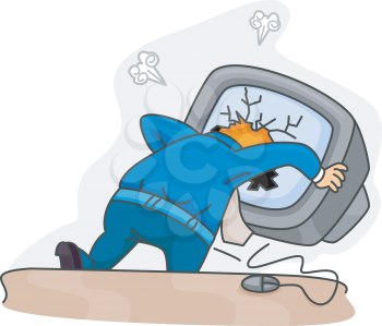 Royalty Free Clipart Image of a Man Putting His Head Through a Computer Screen