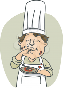 Royalty Free Clipart Image of a Dirty Chef Eating Food With His Finger