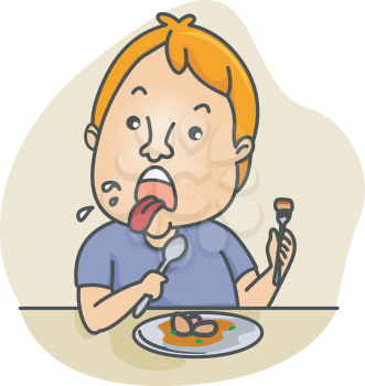 Royalty Free Clipart Image of a Man Sticking His Tongue Out at the Food He's Eating