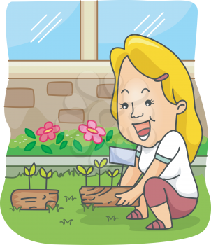 Royalty Free Clipart Image of a Woman Planting Flowers