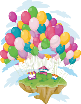 Royalty Free Clipart Image of a Floating Island With Balloons