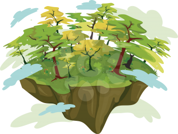Royalty Free Clipart Image of a Forest on a Floating Island