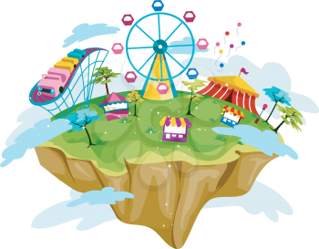 Royalty Free Clipart Image of a Theme Park on a Floating Island