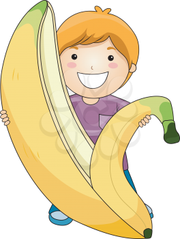 Royalty Free Clipart Image of a Boy Peeling a Huge Banana