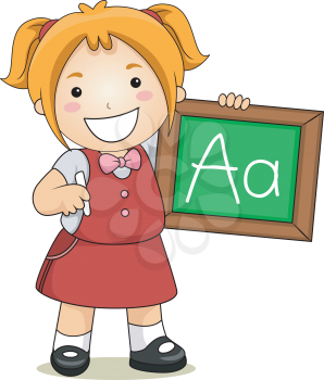 Royalty Free Clipart Image of a Girl With a Chalkboard and the Letter A