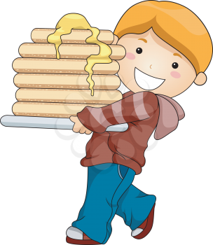 Royalty Free Clipart Image of a Boy With a Stack of Pancakes