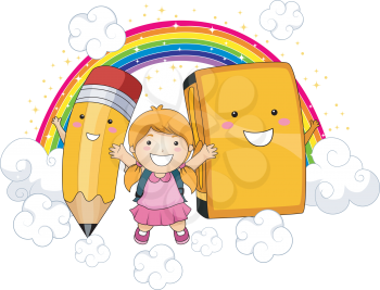 Royalty Free Clipart Image of a Girl With a Rainbow, Pencil and Book