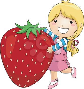 Royalty Free Clipart Image of a Girl With a Large Strawberry