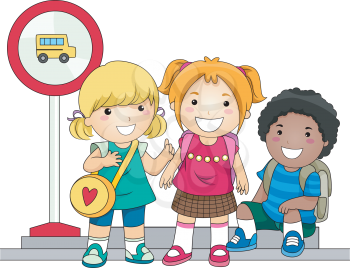 Royalty Free Clipart Image of a Group of Children Waiting for a School Bus