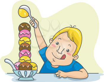Royalty Free Clipart Image of a Child Scooping Large Amounts of Ice Cream Into a Bowl