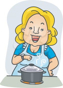 Royalty Free Clipart Image of a Woman Watching the Food She's Cooking