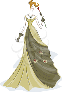 Royalty Free Clipart Image of a Girl in a Gown With a Rose