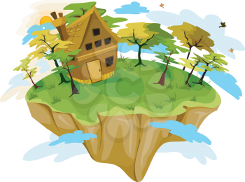 Royalty Free Clipart Image of a House on a Floating Island
