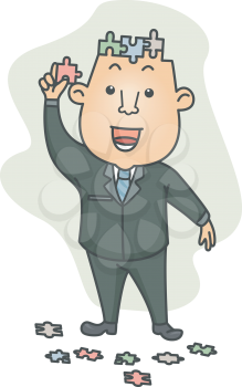 Royalty Free Clipart Image of a Man Putting His Head Together Like a Jigsaw Puzzle